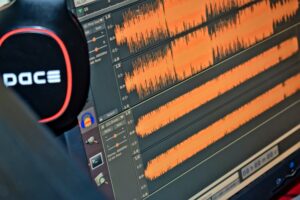 Orange waveforms in a sound editing application.